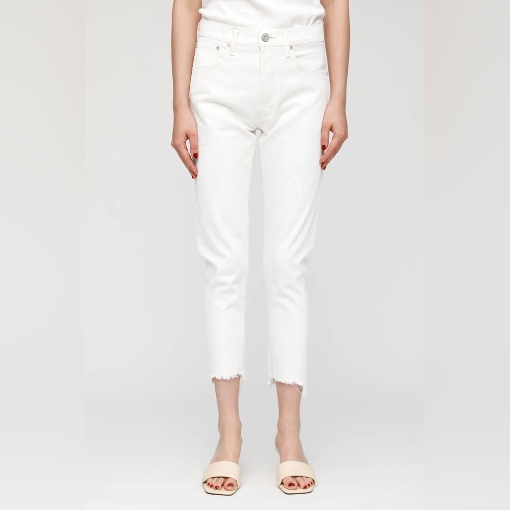 Moussy MV Viper Tapered High Rise in White Jeans Raw Hem Crop Sz 28